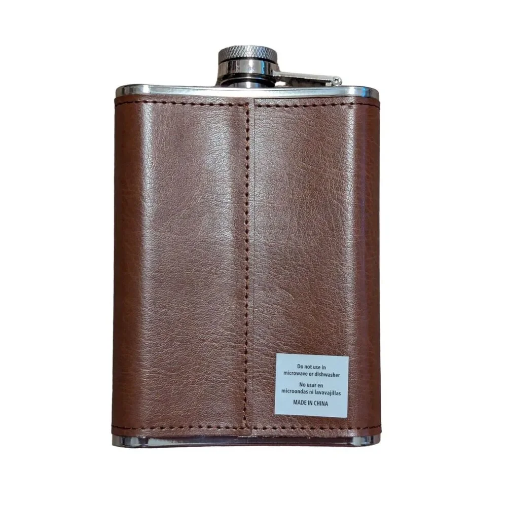 No. 1 Dad Drinking Flask Stainless Steel Faux Brown Leather Wrap 8 oz. Gift NEW